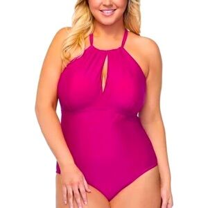 RAISINS CURVE Women's Pink Stretch Strappy Keyhole Lined One Piece Swimsuit